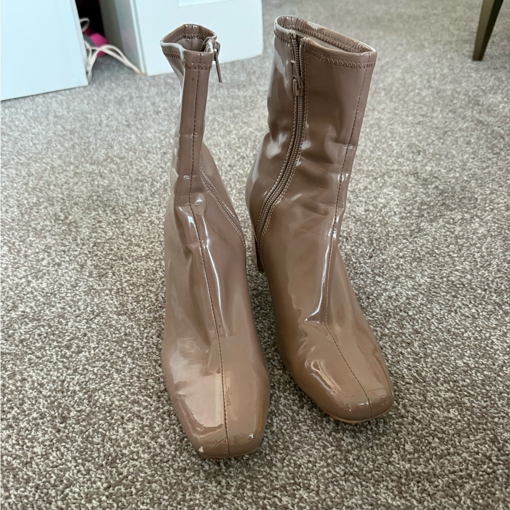 Tan Patent Square Toe Boots for Women